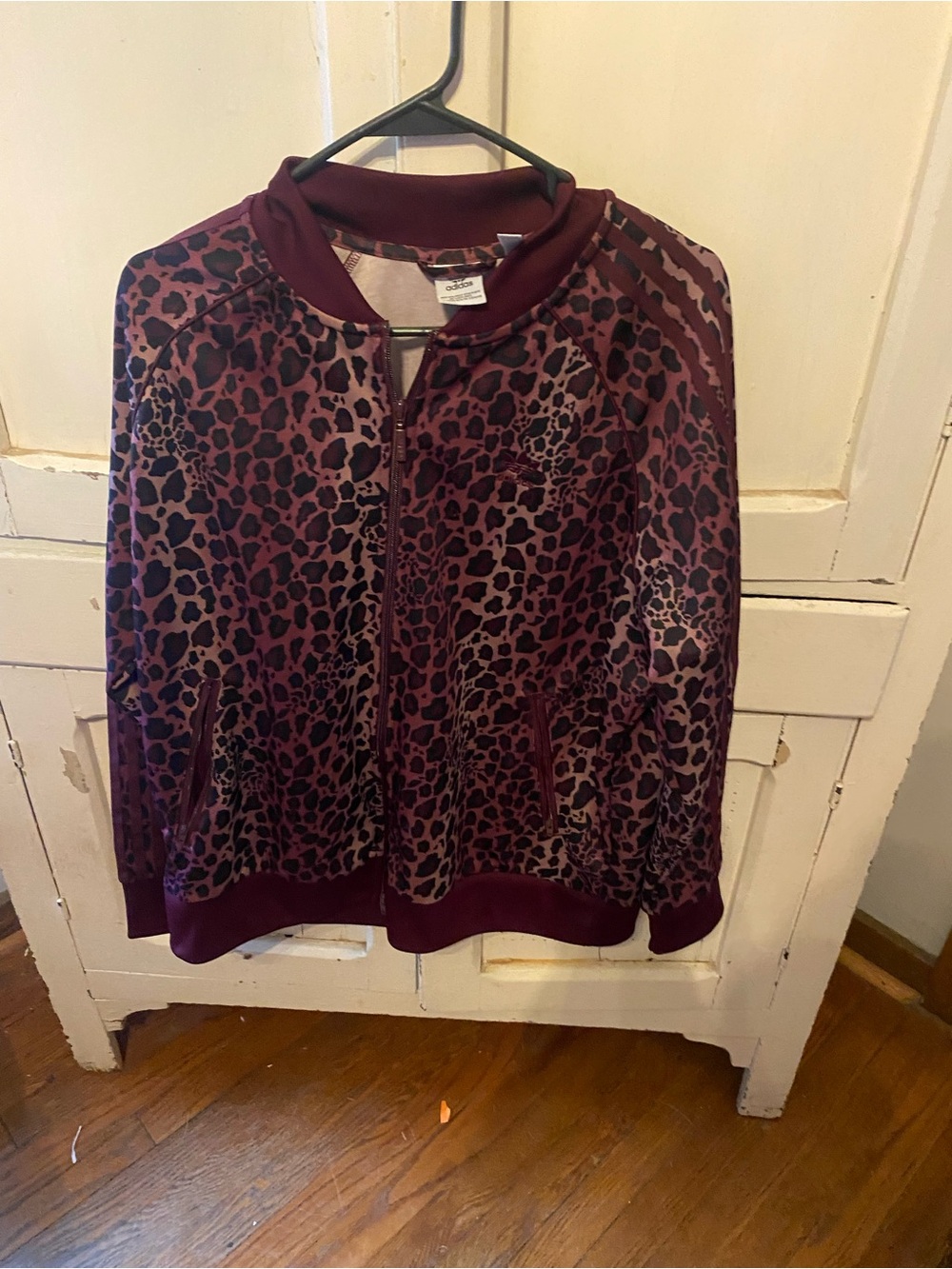 adidas Burgundy Leopard-Print Bomber Cardigan